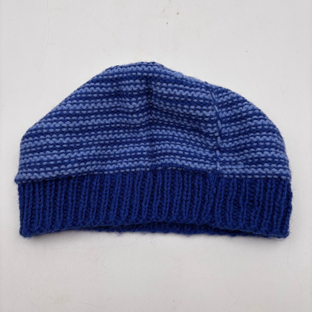 Hand Knitted Blue Striped Beanie Hat Warm Winter Cap - Picture 4 of 4